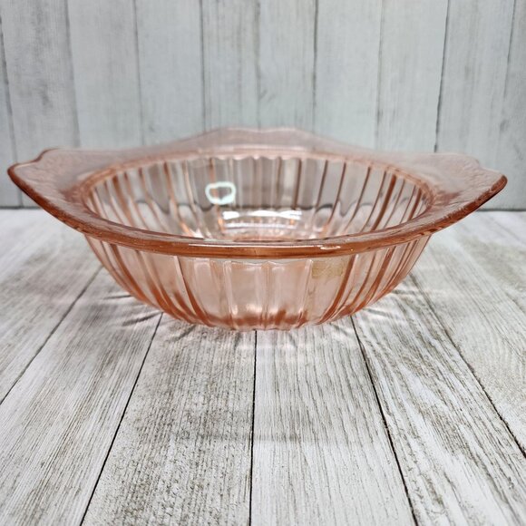 Vintage Pink Depression Glass Serving Bowl 10" with Floral Leaves Etching Design - Picture 4 of 6